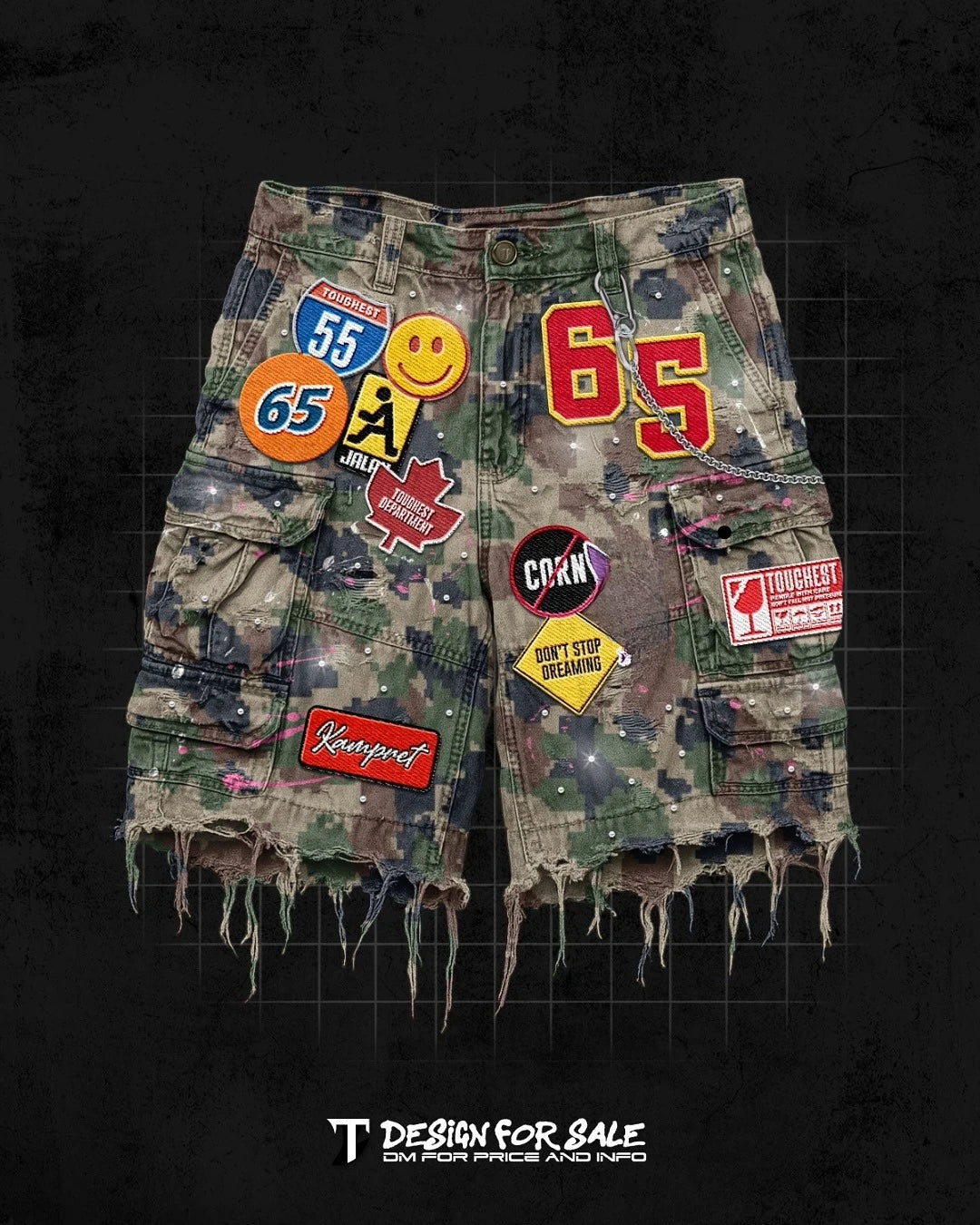 Retro Blue Streetwear Patchwork Denim Short Y2K Jeans Men Women Hip Hop Cartoon Graphics Loose Camo Denim Fitness Casual Shorts