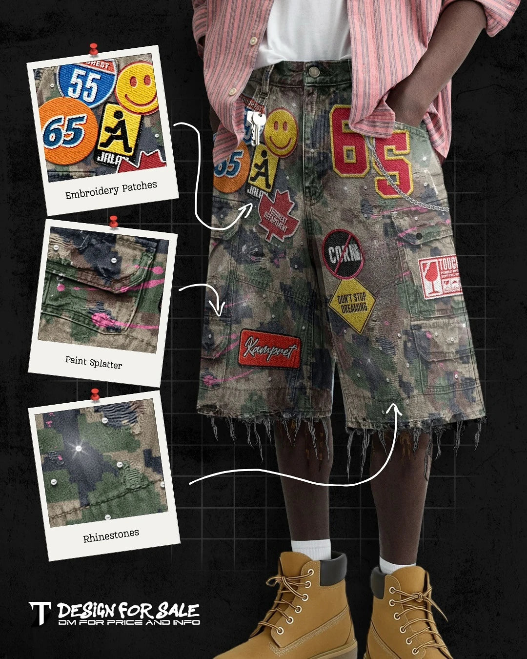 Retro Blue Streetwear Patchwork Denim Short Y2K Jeans Men Women Hip Hop Cartoon Graphics Loose Camo Denim Fitness Casual Shorts